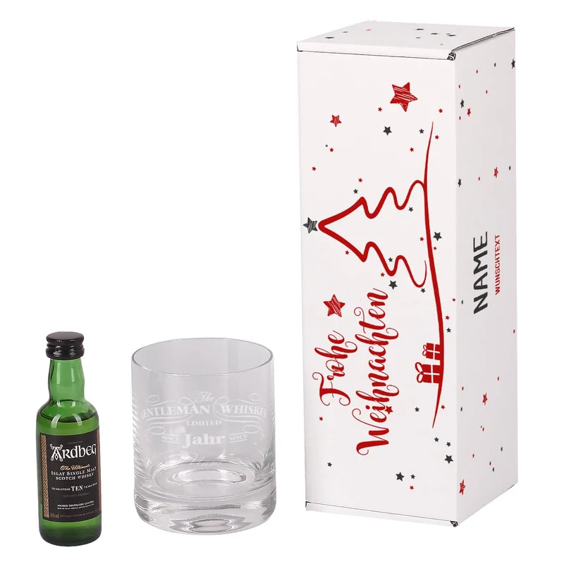 weihnachtliche Pappbox mit Ardbeg Mini Flasche und graviertem Whiskyglas