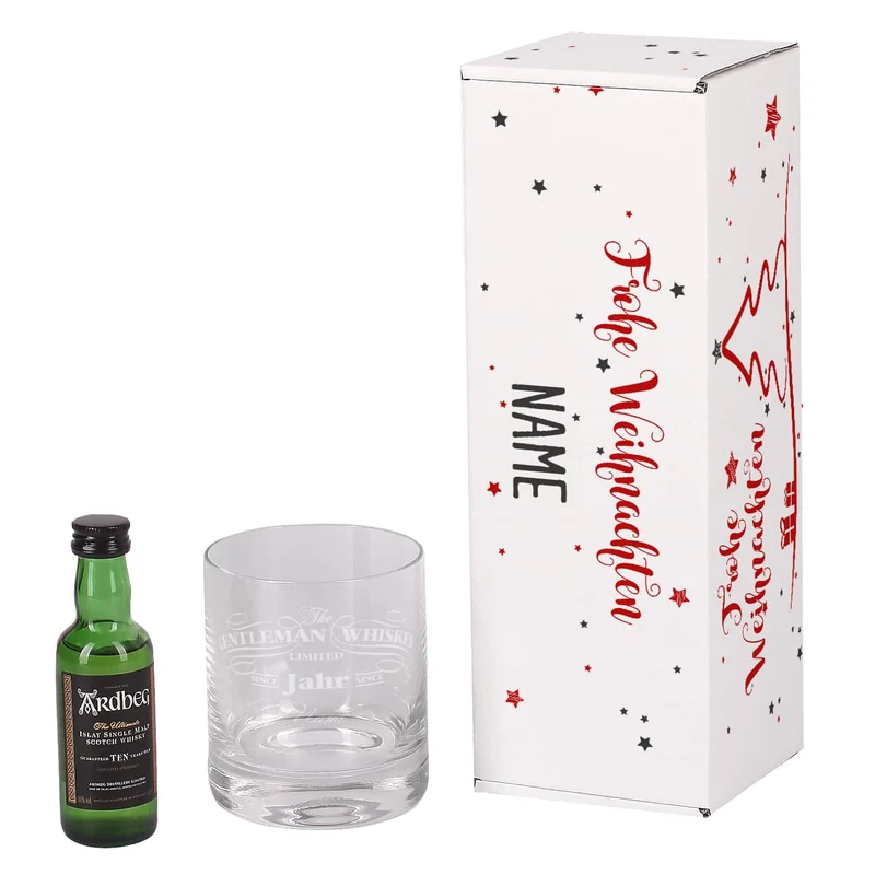 weihnachtliche Pappbox mit Ardbeg Mini Flasche und graviertem Whiskyglas