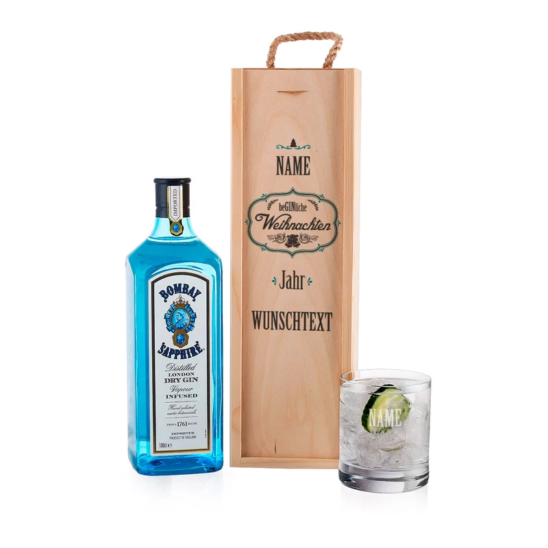 Weihnachtliches Gin Geschenkset mit personalisierter Holzbox und Glas