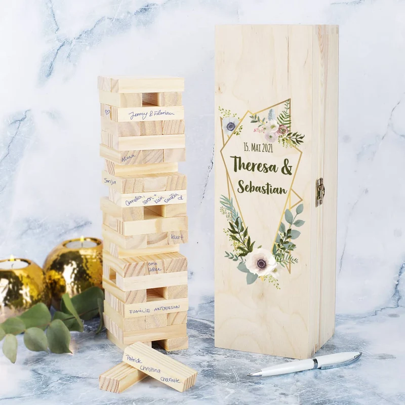 Wackelturm als Gästebuch zur Hochzeit mit bedruckter Holzbox