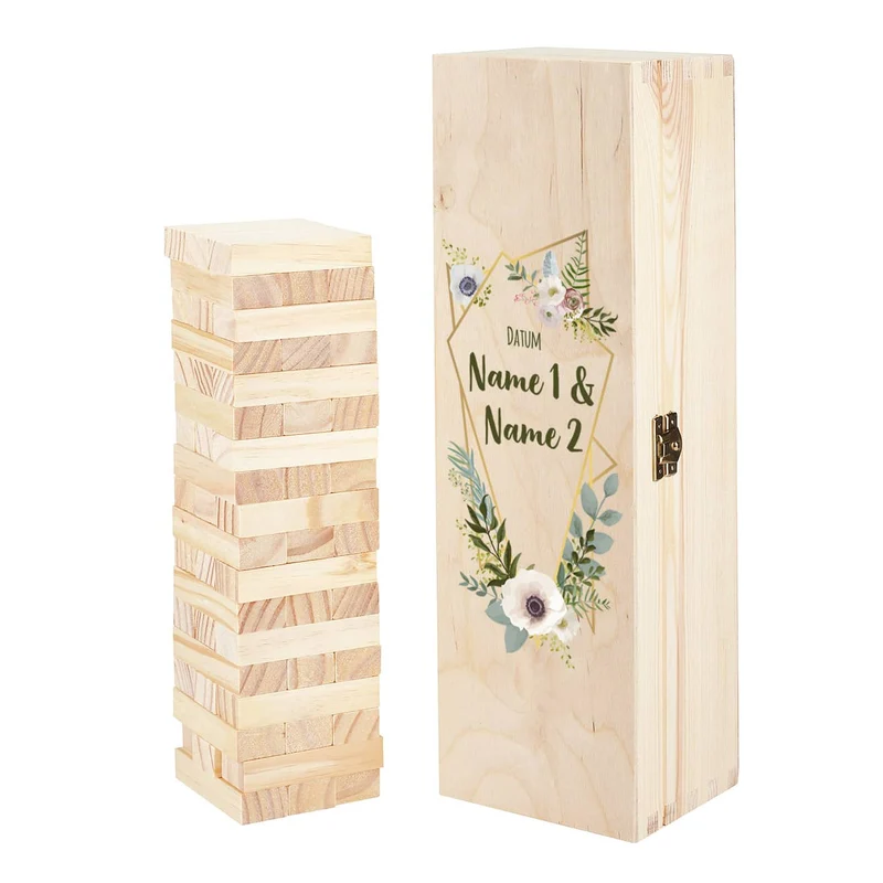 Wackelturm als Gästebuch zur Hochzeit mit bedruckter Holzbox