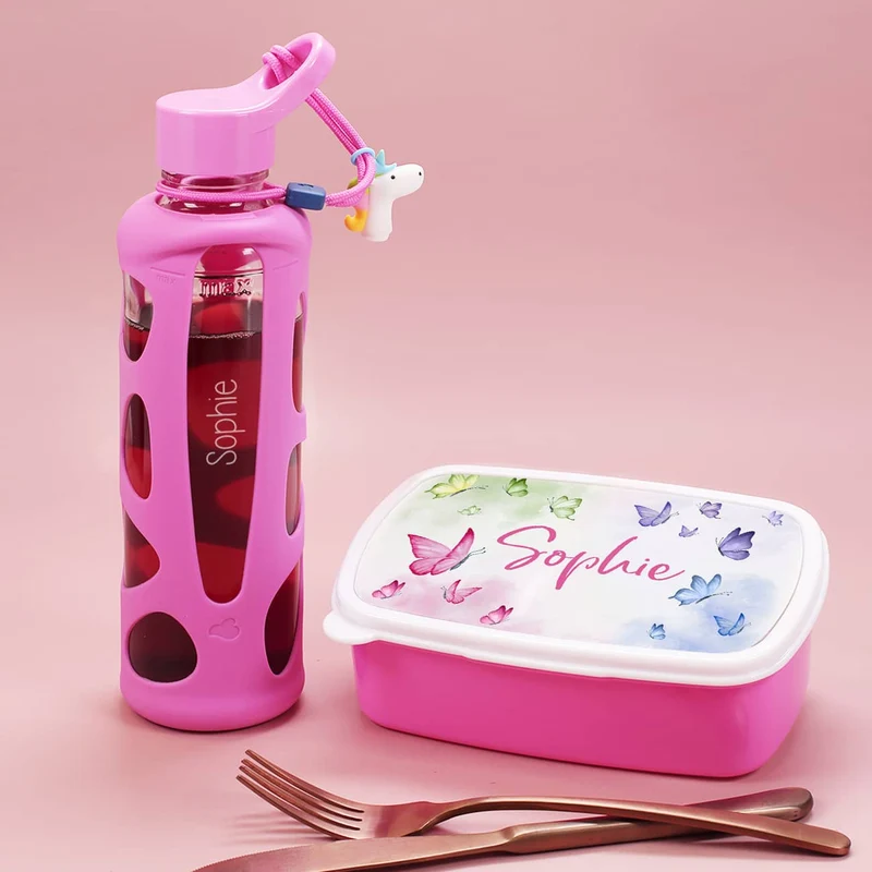 Rosa Kinder-Trinkflasche und Brotdose im Set mit Ihrem Wunschnamen