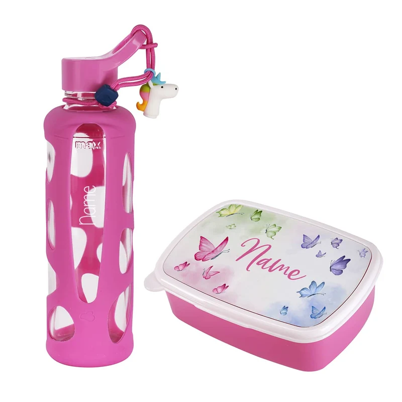 Rosa Kinder-Trinkflasche und Brotdose im Set mit Ihrem Wunschnamen