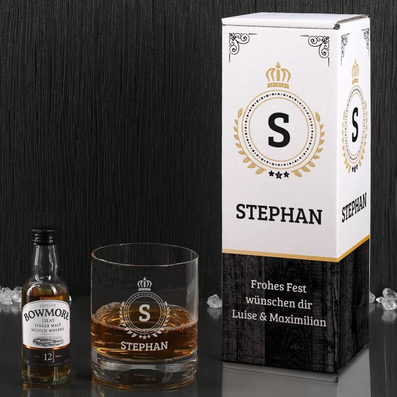 Bowmore Geschenk-Set mit graviertem Glas und 1 Miniatur-Flasche Bowmore 12 Jahre