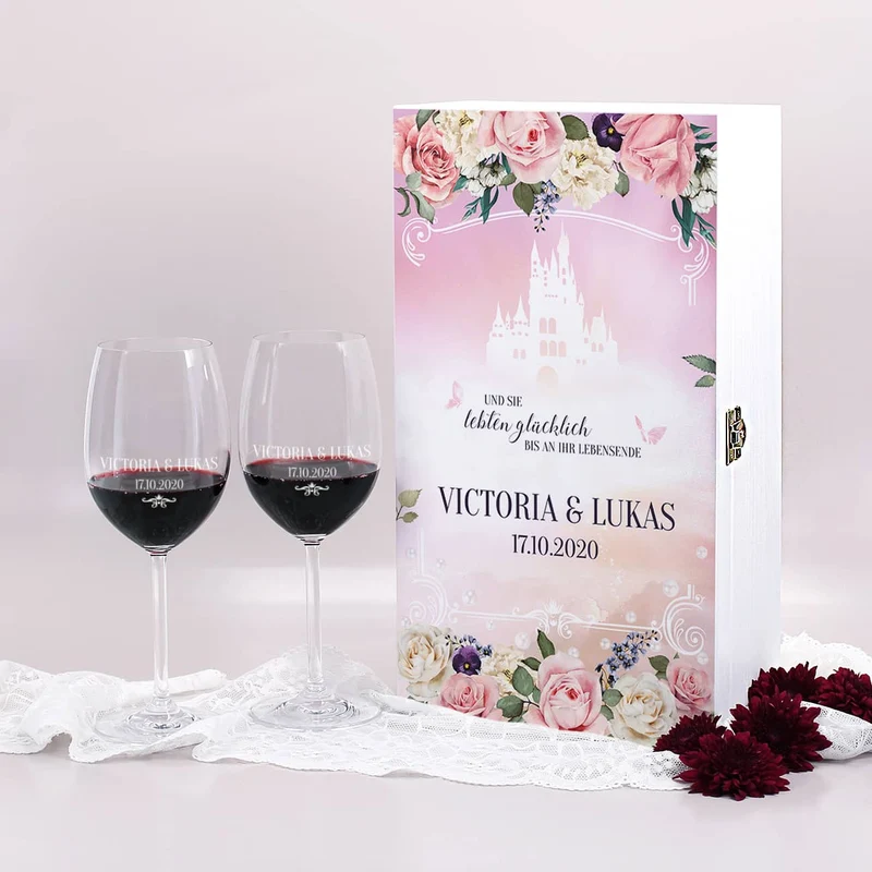 Weinbox zur Märchenhochzeit mit zwei gravierten Weingläsern