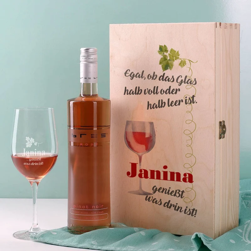 Wein-Set mit graviertem Glas - Egal, ob das Glas halb voll oder halb leer ist...