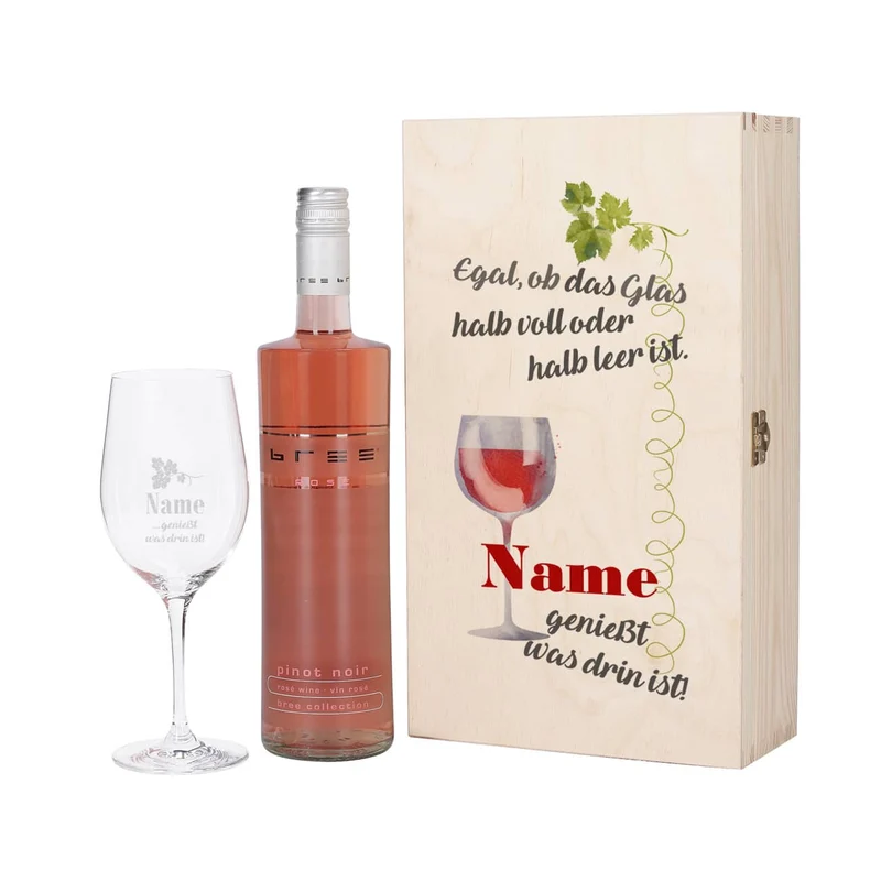 Wein-Set mit graviertem Glas - Egal, ob das Glas halb voll oder halb leer ist...