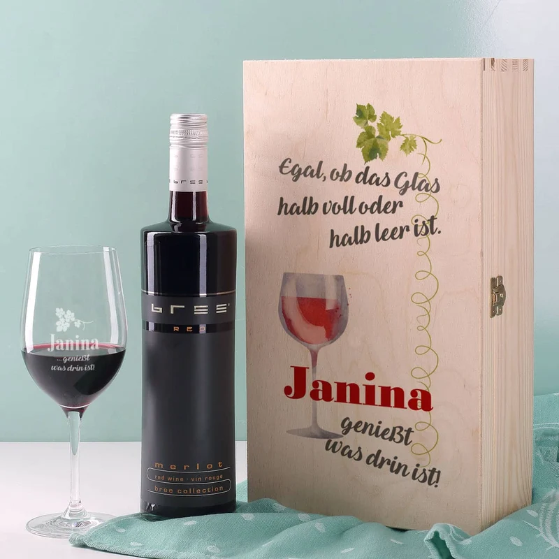 Wein-Set mit graviertem Glas - Egal, ob das Glas halb voll oder halb leer ist...