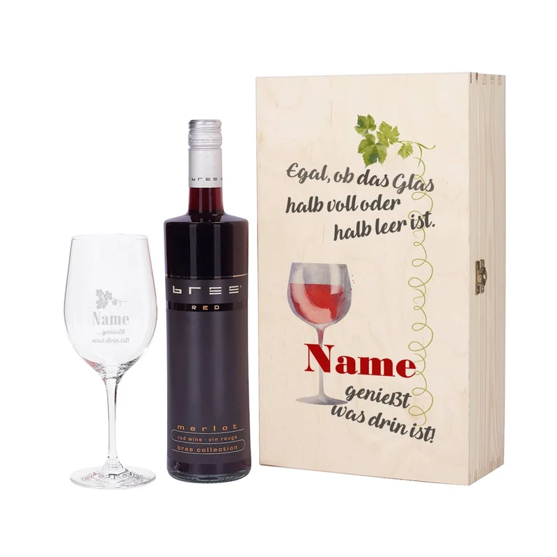 Wein-Set mit graviertem Glas - Egal, ob das Glas halb voll oder halb leer ist...