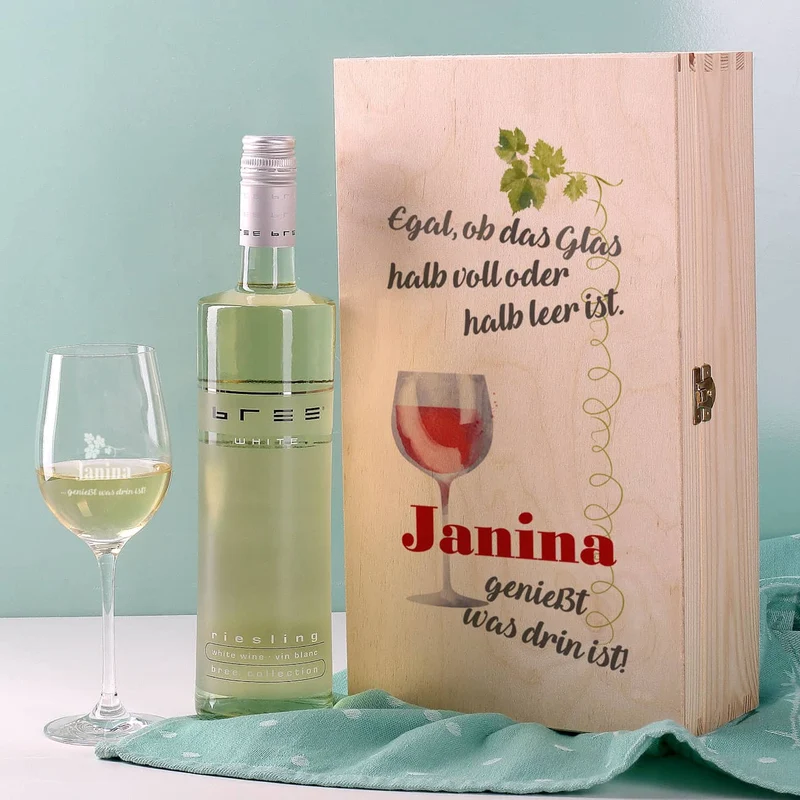 Wein-Set mit graviertem Glas - Egal, ob das Glas halb voll oder halb leer ist...