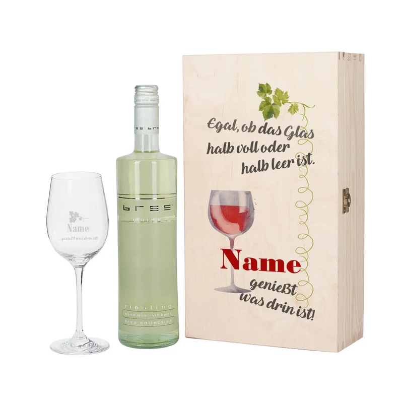 Wein-Set mit graviertem Glas - Egal, ob das Glas halb voll oder halb leer ist...