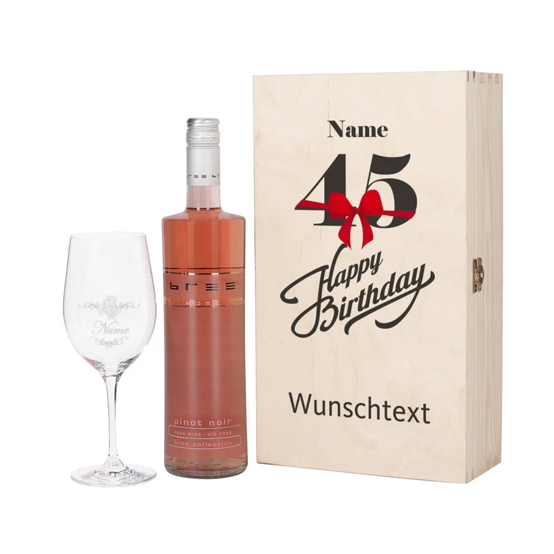 Geschenkset zum 45. Geburtstag mit graviertem Weinglas und Flasche in Holzbox