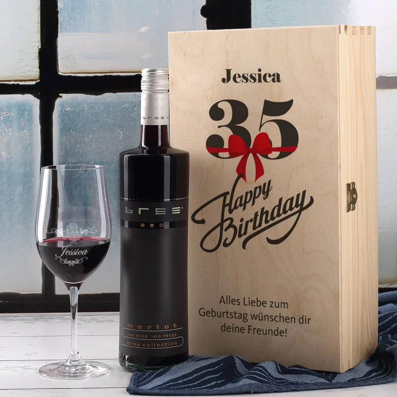 Wein - Geschenkset zum 35. Geburtstag mit graviertem Glas und Flasche