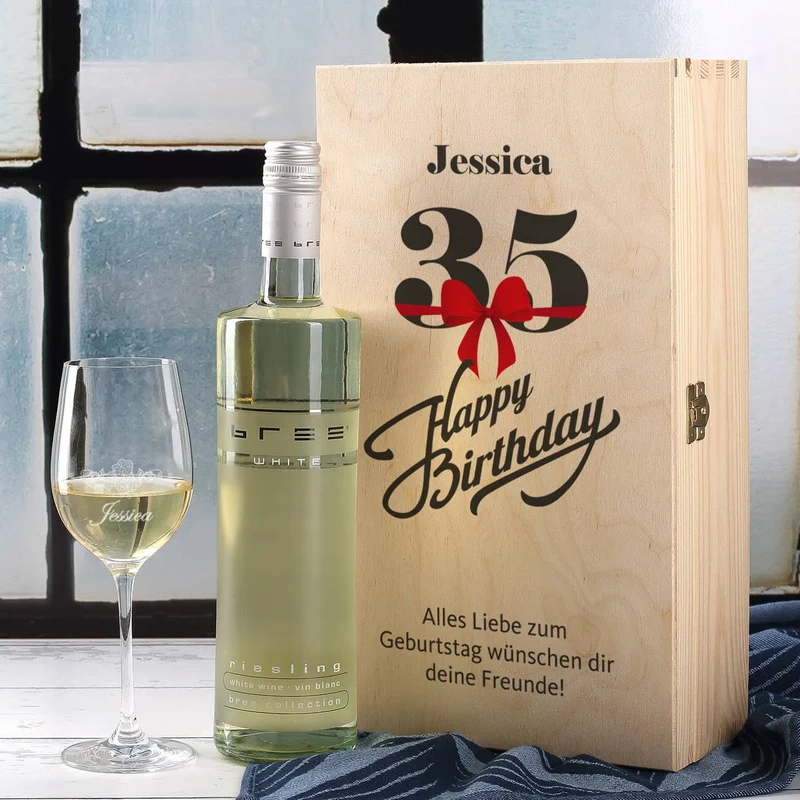 Wein - Geschenkset zum 35. Geburtstag mit graviertem Glas und Flasche