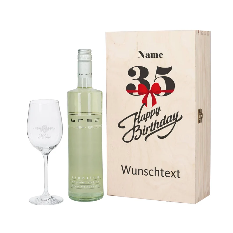 Wein - Geschenkset zum 35. Geburtstag mit graviertem Glas und Flasche