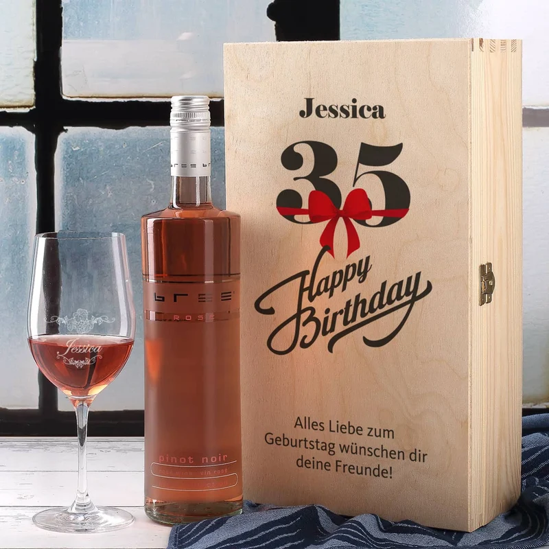 Wein - Geschenkset zum 35. Geburtstag mit graviertem Glas und Flasche