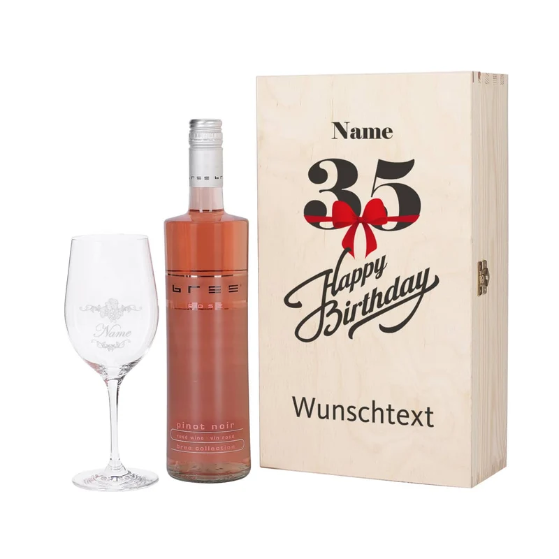 Wein - Geschenkset zum 35. Geburtstag mit graviertem Glas und Flasche