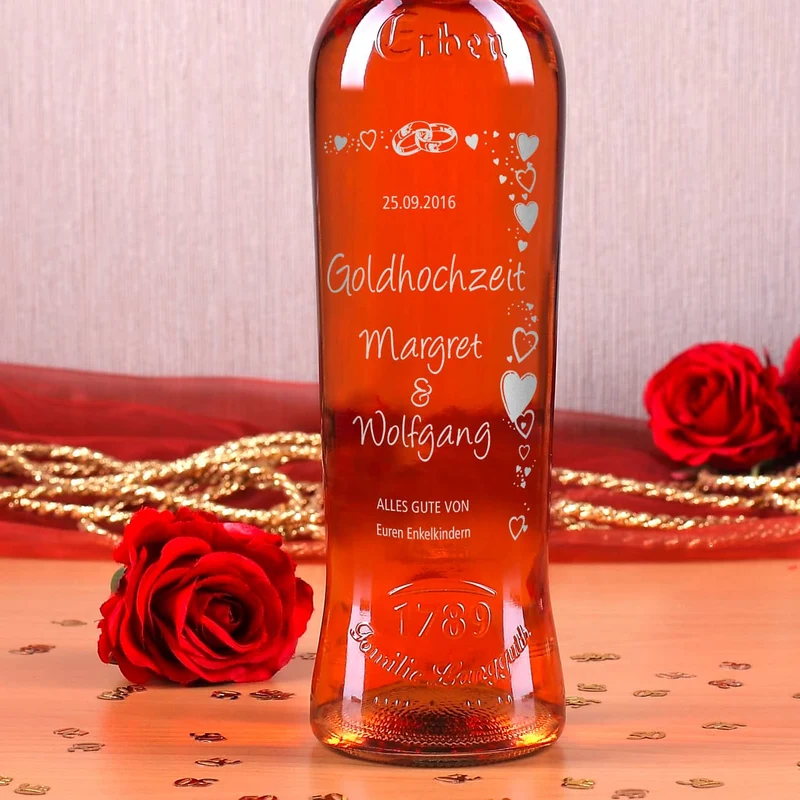 Goldhochzeits-Set mit Gläsern, Weinflasche und Ihren Wunschangaben als Gravur