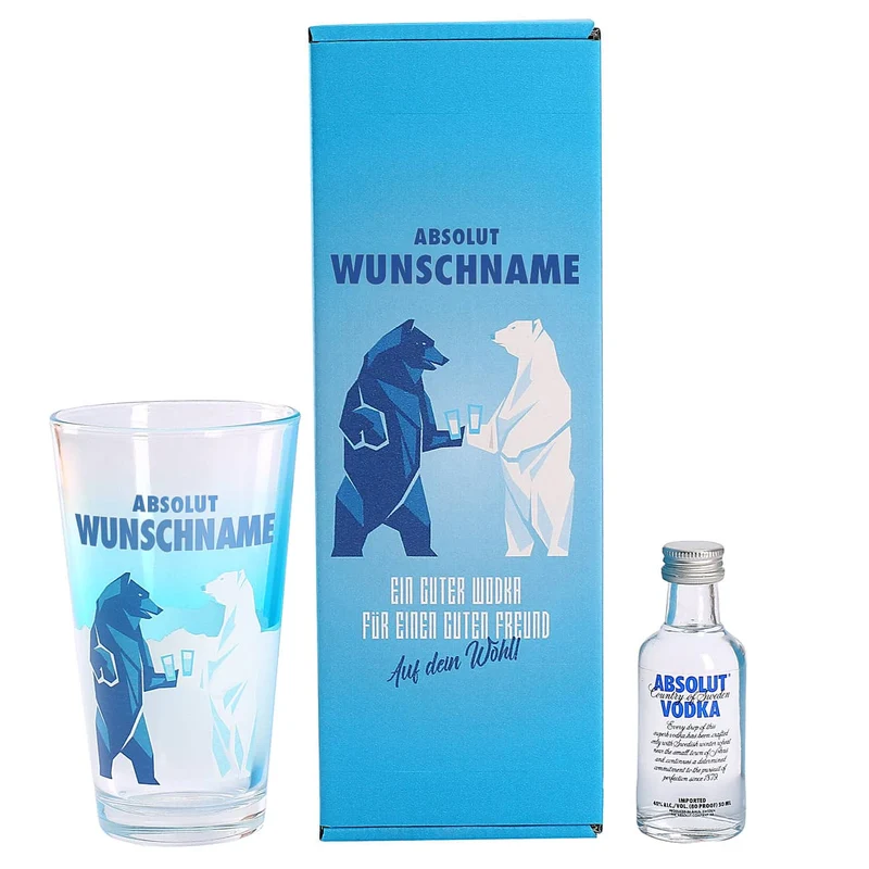 Absolut Vodka Set mit bedrucktem Glas und einer Flasche Vodka in persönlicher Geschenkbox