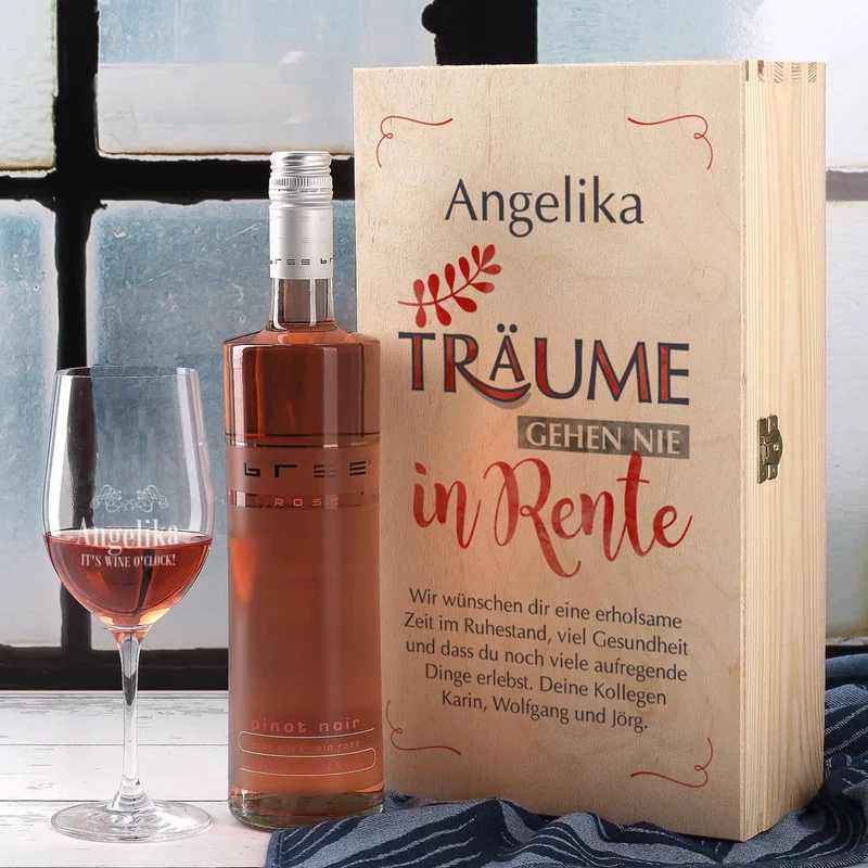 Träume gehen nie in Rente - Wein-Set mit graviertem Glas