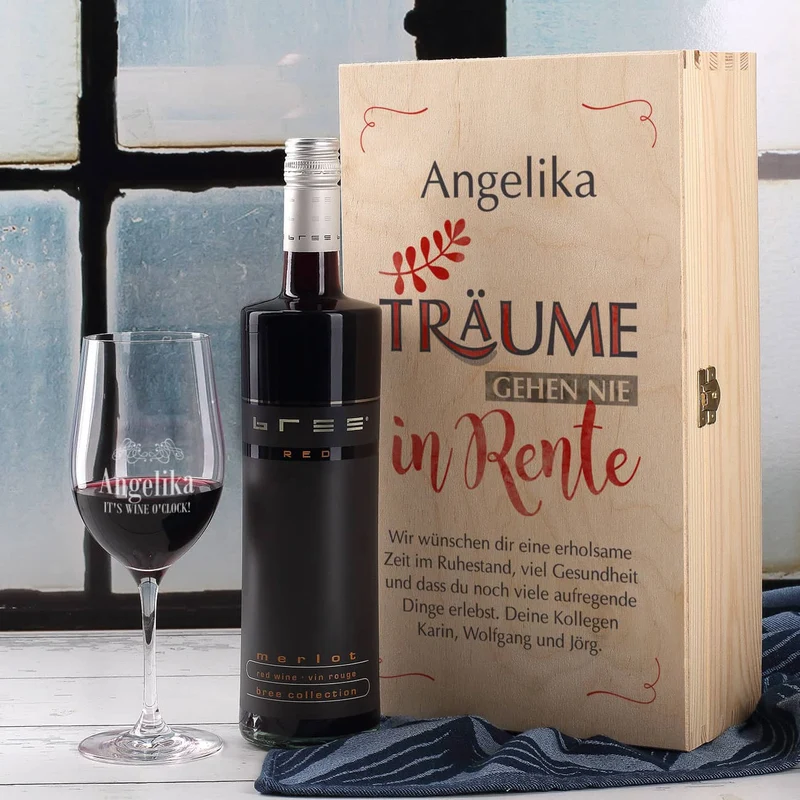 Träume gehen nie in Rente - Wein-Set mit graviertem Glas