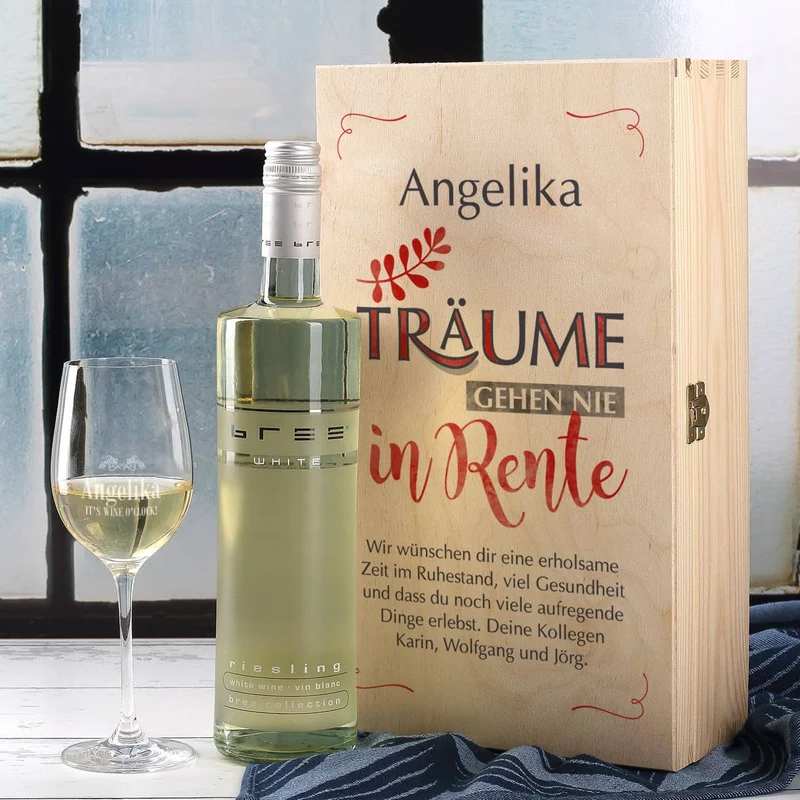Träume gehen nie in Rente - Wein-Set mit graviertem Glas