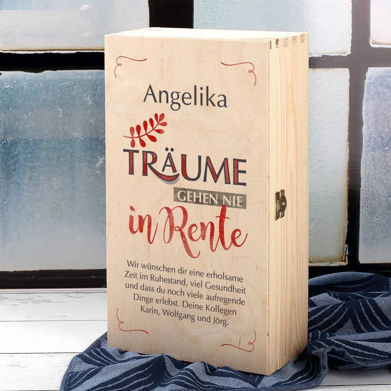 Träume gehen nie in Rente - Wein-Set mit graviertem Glas