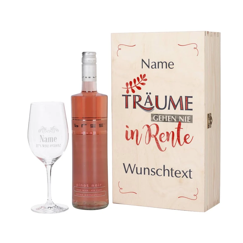 Träume gehen nie in Rente - Wein-Set mit graviertem Glas