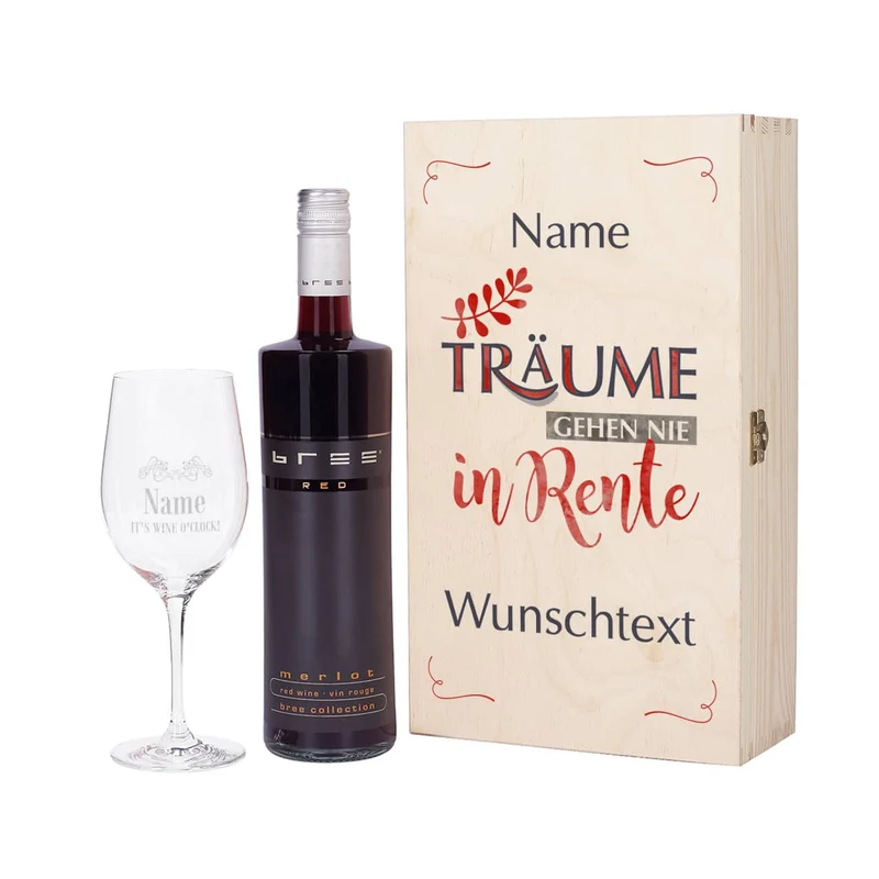 Träume gehen nie in Rente - Wein-Set mit graviertem Glas
