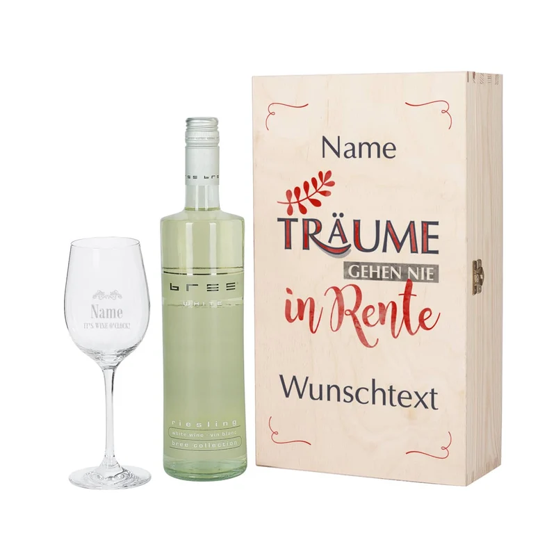 Träume gehen nie in Rente - Wein-Set mit graviertem Glas