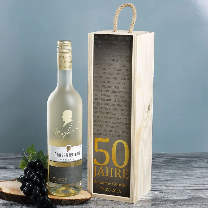 Maybach Weißwein in bedruckter Holzbox zur Goldenen Hochzeit