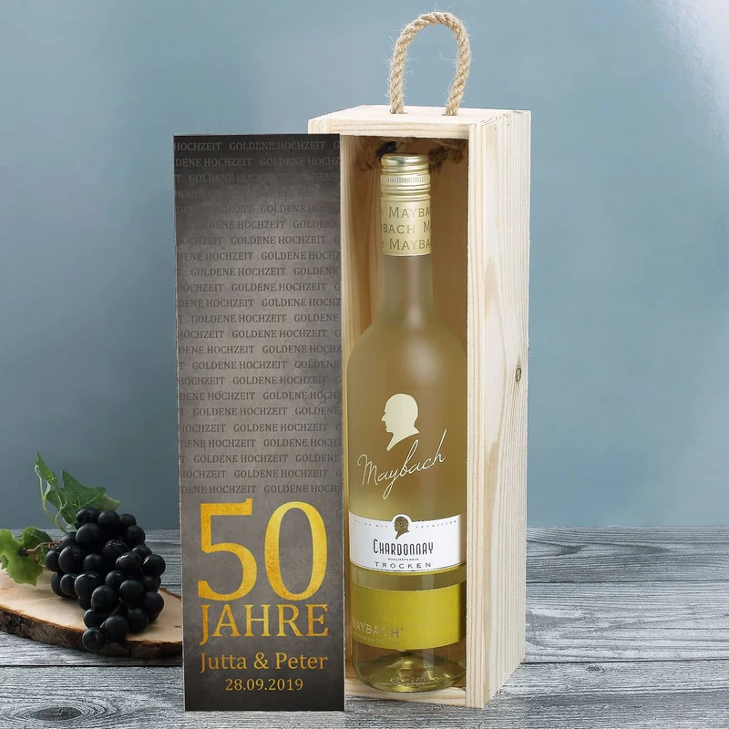 Maybach Weißwein in bedruckter Holzbox zur Goldenen Hochzeit