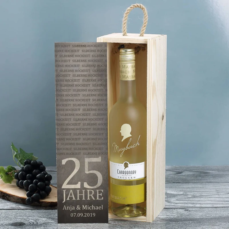 Maybach Weißwein zur Silberhochzeit mit bedruckter Holzbox