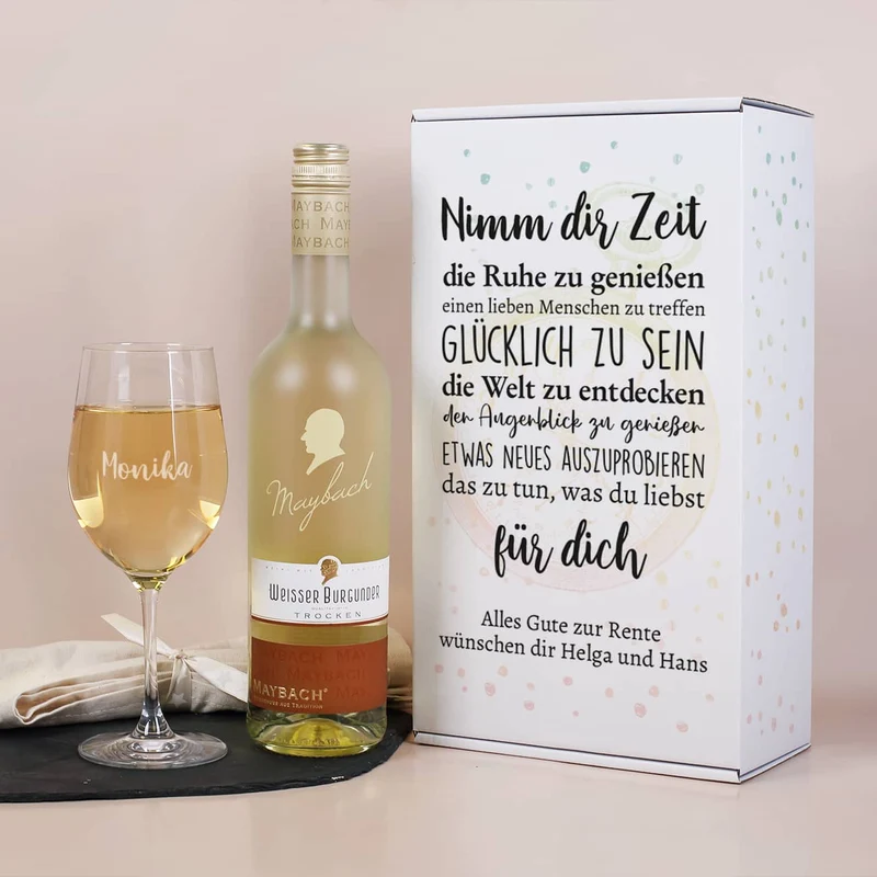 Weinset zur Rente - Nimm dir Zeit - mit Maybachwein und graviertem Glas