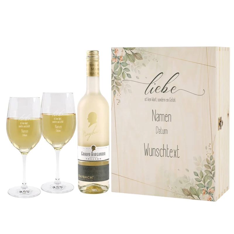 Liebe ist kein Wort, sondern ein Gefühl - Hochzeits Weingeschenkset mit Maybach Weißwein