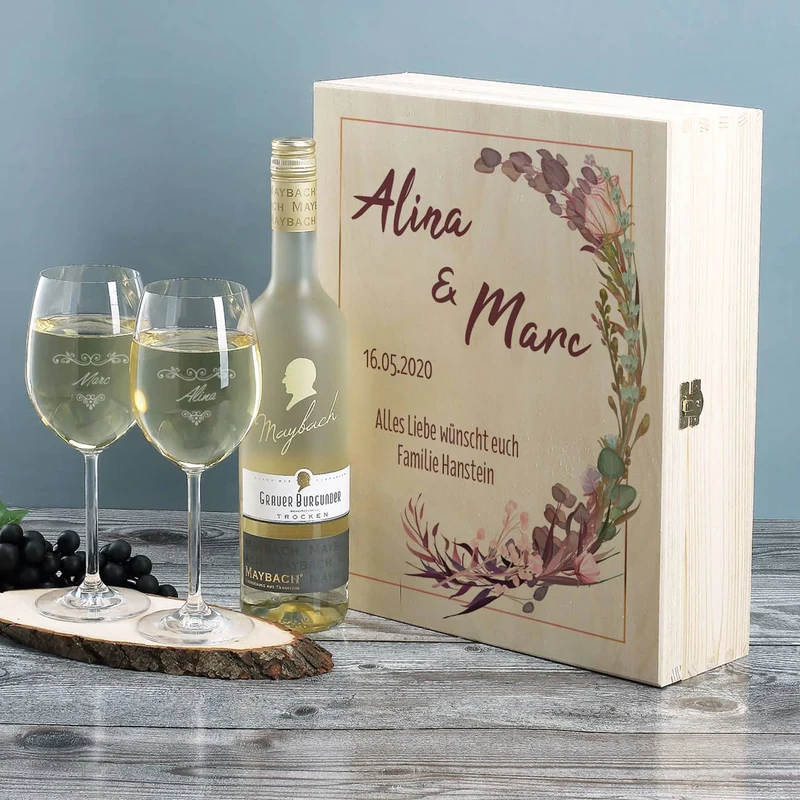 Hochzeitsgeschenk Maybach Weißwein mit Gläsern und Box