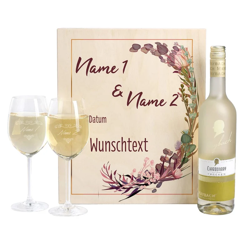 Hochzeitsgeschenk Maybach Weißwein mit Gläsern und Box
