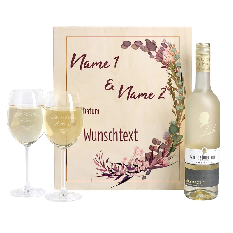 Hochzeitsgeschenk Maybach Weißwein mit Gläsern und Box