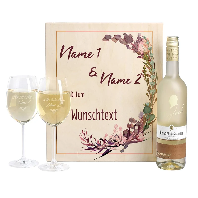Hochzeitsgeschenk Maybach Weißwein mit Gläsern und Box