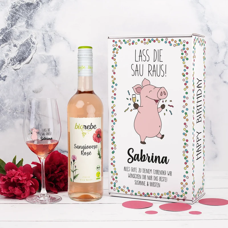 Lass die Sau raus! - Geschenkset zum Geburtstag mit Biorebe Wein und Weinglas