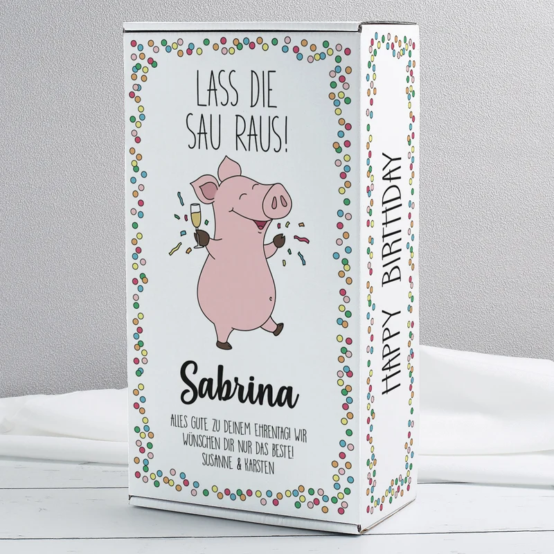 Lass die Sau raus! - Geschenkset zum Geburtstag mit Biorebe Wein und Weinglas