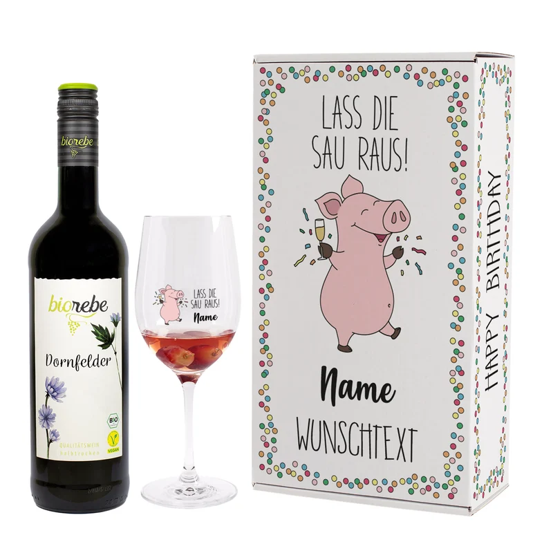 Lass die Sau raus! - Geschenkset zum Geburtstag mit Biorebe Wein und Weinglas