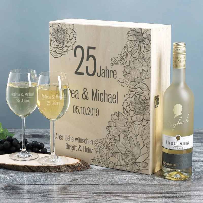 Weißwein Geschenkset zur Silberhochzeit mit Maybach und 2 gravierten Gläsern
