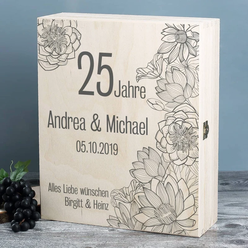 Weißwein Geschenkset zur Silberhochzeit mit Maybach und 2 gravierten Gläsern