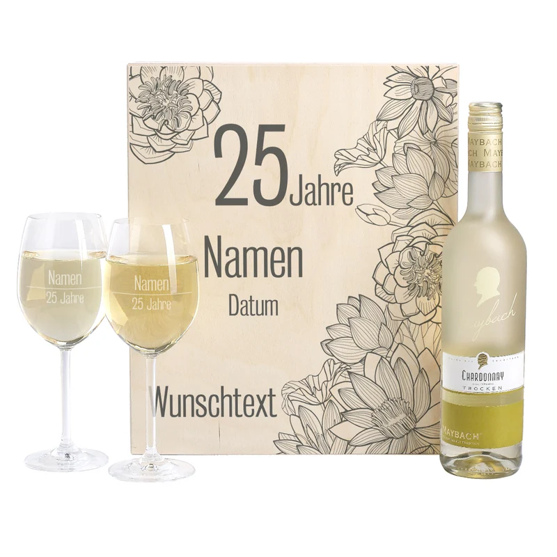 Weißwein Geschenkset zur Silberhochzeit mit Maybach und 2 gravierten Gläsern