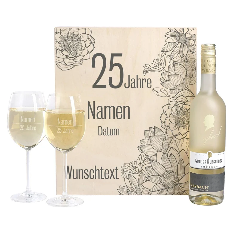 Weißwein Geschenkset zur Silberhochzeit mit Maybach und 2 gravierten Gläsern