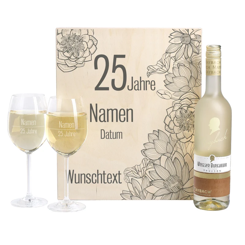 Weißwein Geschenkset zur Silberhochzeit mit Maybach und 2 gravierten Gläsern