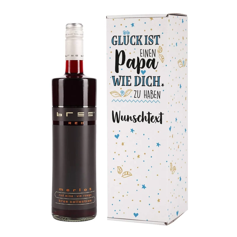 Bedruckte Verpackung mit BREE Weinflasche - für Papas zum Vatertag mit Wunschtext