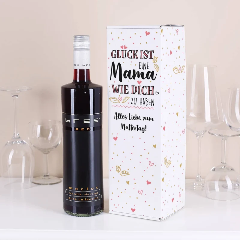 Geschenkset zum Muttertag mit BREE Weinflasche und Verpackung - mit Wunschtext