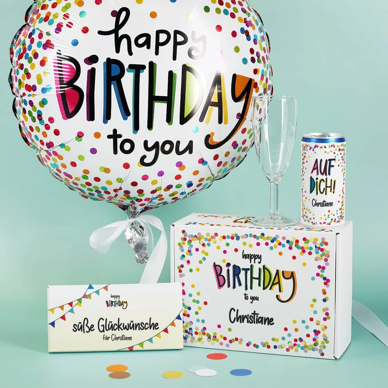 Happy Birthday Geschenkset aus Secco, Glas, Schokolade und Folienballon